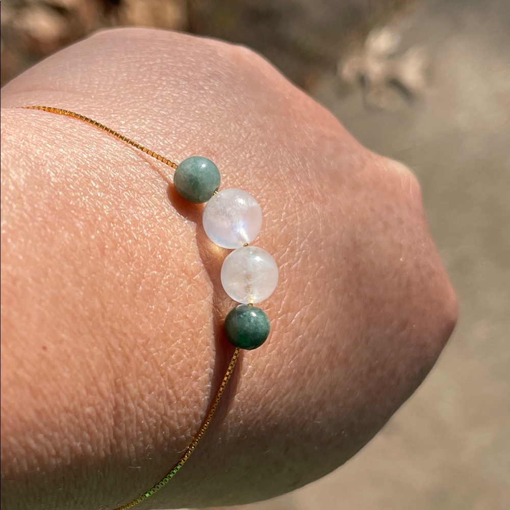 Dainty Bracelet Adjustable 18k Gold Plated over 925 Silver with Jade & Quartz 7”